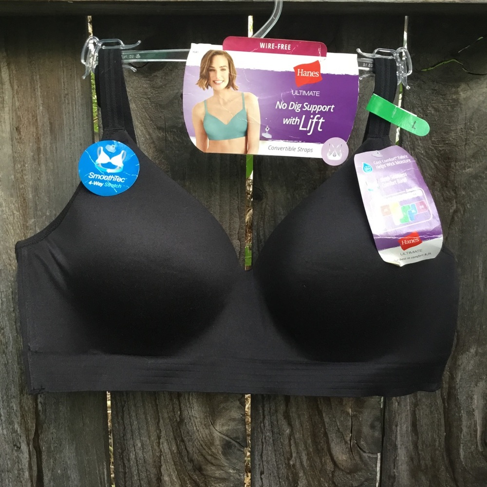 Hanes Bra Large L No Dig Support Wire Free Convertible Straps Black